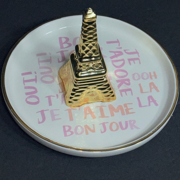 Ciroa Eiffel Tower Ring Holder Dish Gold White Pink French Phrases Stoneware 5in - Picture 2 of 14